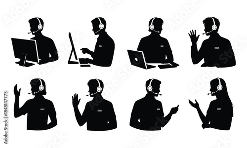 Customer Service and Tech Support Silhouettes with Headsets and Devices