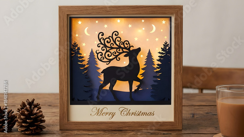 Cozy Christmas scene with reindeer silhouette in wooden frame on table