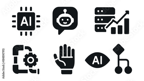 Artificial intelligence technology black and white icons set