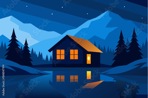 Cozy house by a serene lake at night