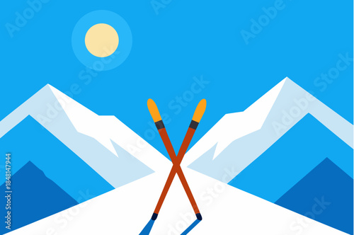 Winter sports illustration with skis and snowy mountain range