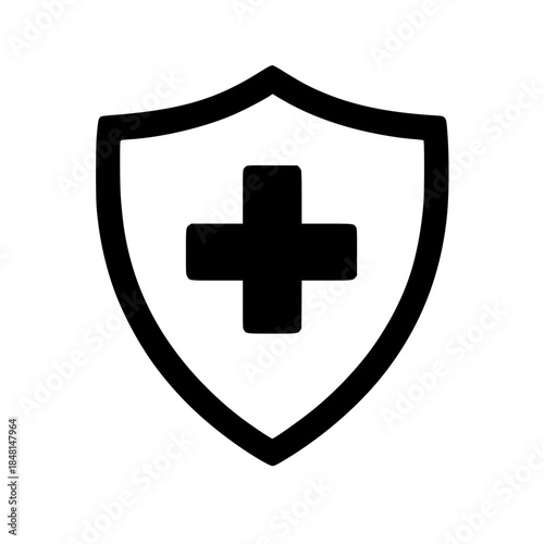 Simple dark gray shield icon with a medical cross symbolizing health protection and security against illness