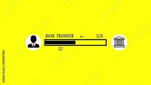 Bank transfer progress bar animation showing user to bank transaction flow, digital payment interface, secure online banking process and modern fintech UI design