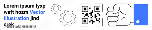Technology, mechanics, digital tools, identity management, automation, innovation. QR code, gears and a fist on white background. Technology and mechanics through digital and mechanical elements