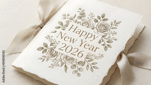 Elegant Happy New Year 2026 card with floral design and ribbon
