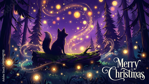 Whimsical forest scene with fox under starry night sky