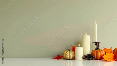 Autumn decorations with white candles, pumpkins, and colorful leaves create a cozy vibe for fall gatherings