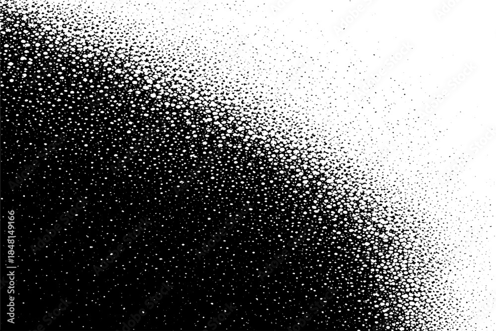Obraz premium Dotted gradient texture. Halftone stipple pattern, noise grainy sand effect, monochrome faded spray. Dotwork ink splatters, wall art shadow overlay. Grunge dots vector abstract background 1.eps
