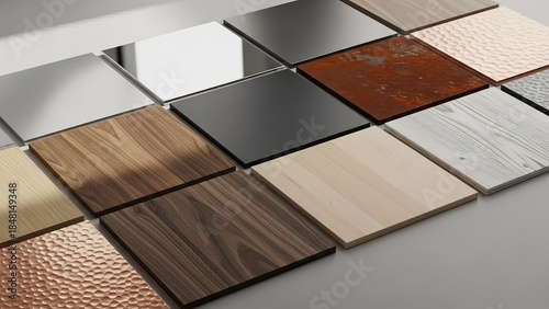 Assortment of high quality surface material samples including wood metal mirror and textured finishes for design