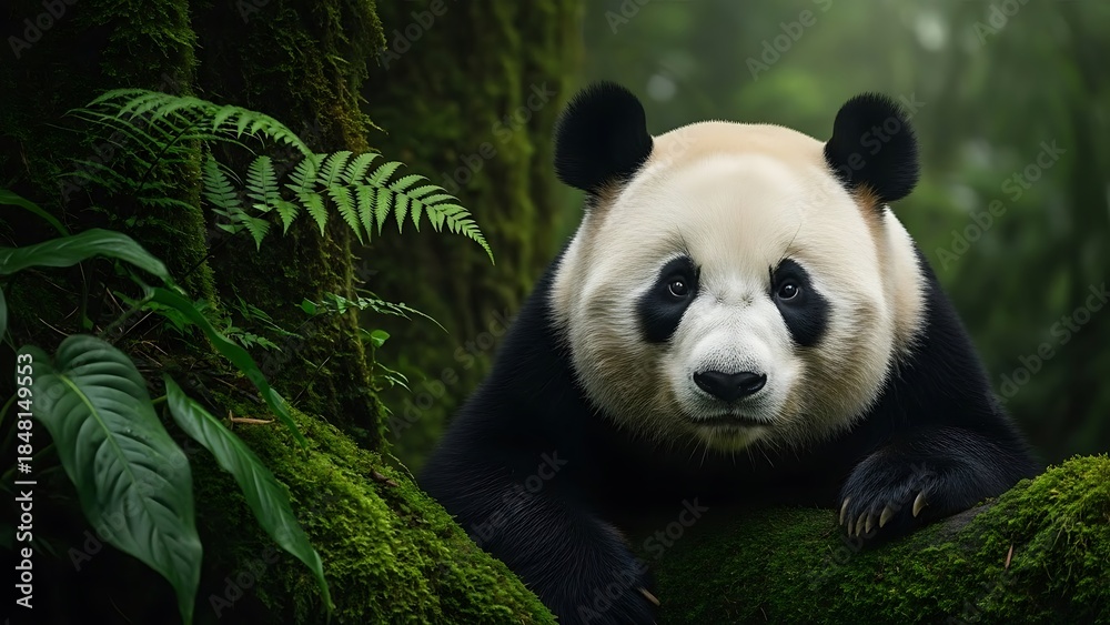 Fototapeta premium A panda resting on a moss-covered log in a green forest.