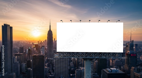 Blank billboard towering over the vibrant cityscape of new york city at sunset, offering a prime advertising opportunity against the skyline