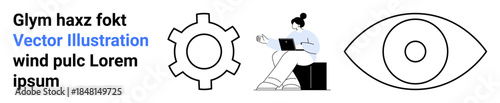 Woman sitting with laptop symbolizing productivity, alongside gear and eye icons implying innovation and vision. Ideal for technology, business, marketing, creativity, strategy, design, and simple