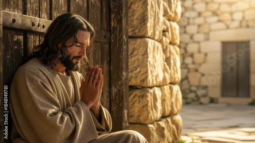 A cinematic depiction of Jesus Christ praying in an ancient city. The son of God in a moment of solemn devotion and contemplation. Faith and Christian spirituality concept