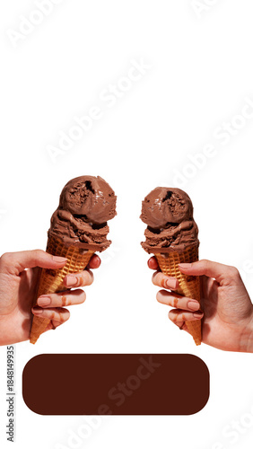 PNG image of Two hands hold delicious melting chocolate ice cream cones against a perfect for summer dessert promotions on transparent background