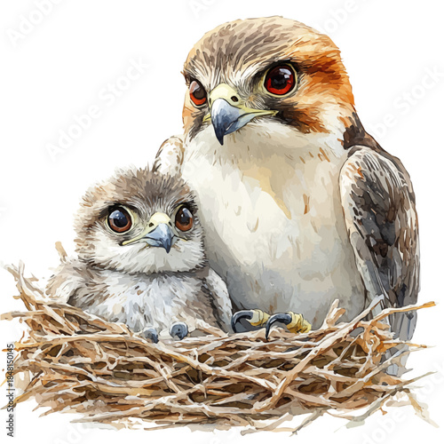 A Mother Falcon With Her Kid, watercolor painting vector, isolated on a white background.