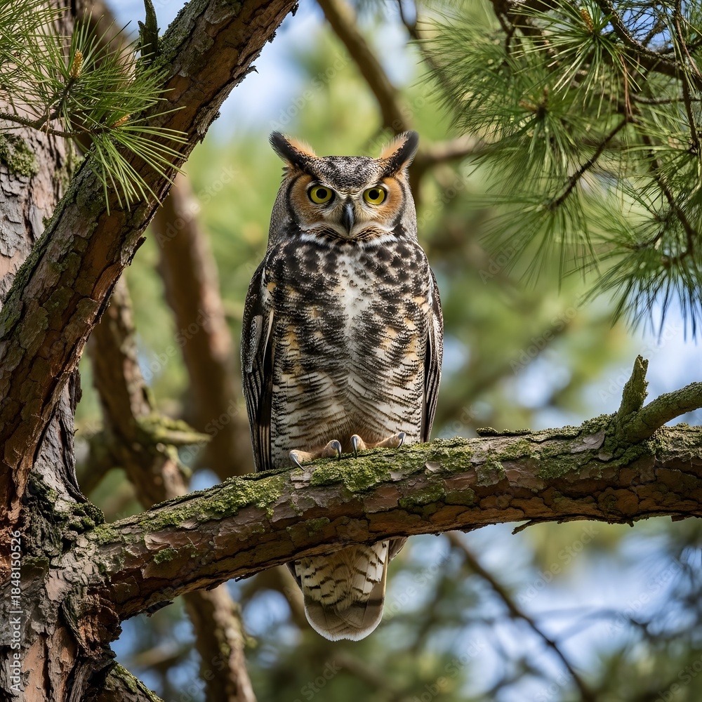 Fototapeta premium Great Horned Owl Perched in Pine Tree with Intense Gaze