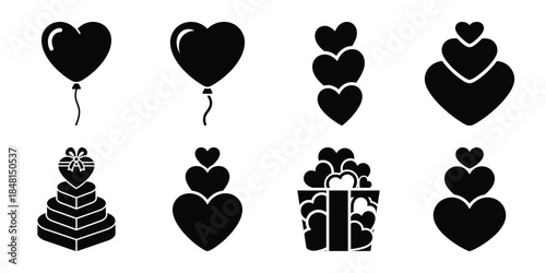 valentine heart gift minimal flat vector icon set, black color and white background