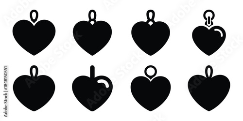 valentine heart pendant minimal flat vector icon set, black color and white background