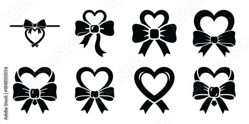 valentine heart ribbon minimal flat vector icon set, black color and white background
