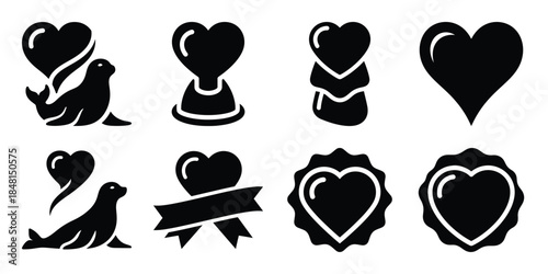 valentine heart seal minimal flat vector icon set, black color and white background