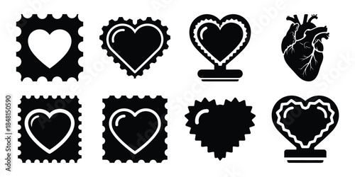 valentine heart stamp minimal flat vector icon set, black color and white background