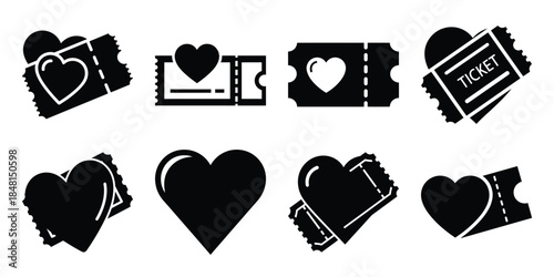 valentine heart ticket minimal flat vector icon set, black color and white background