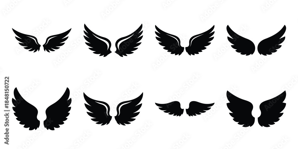 Fototapeta premium cupid wings minimal flat vector icon set, black color and white background
