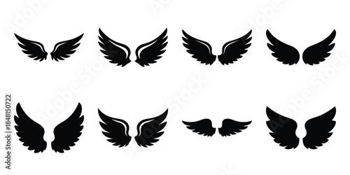 cupid wings minimal flat vector icon set, black color and white background