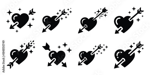 heart arrow sparkle minimal flat vector icon set, black color and white background