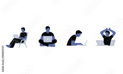 Stylized Illustrations of People Using Laptops Comfortably