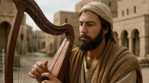 A man in biblical clothing playing a wooden harp in an ancient city. Historical reenactment of King David the psalmist. Ancient religious music and worship concept