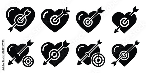 heart arrow target minimal flat vector icon set, black color and white background