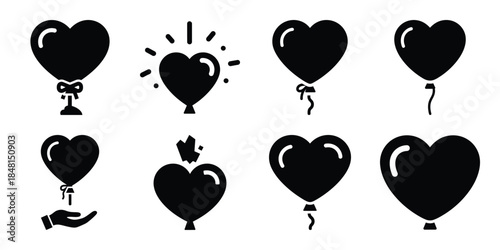 heart balloon surprise minimal flat vector icon set, black color and white background