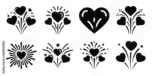 heart fireworks burst minimal flat vector icon set, black color and white background