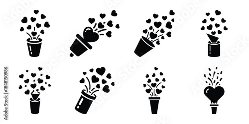 heart confetti popper minimal flat vector icon set, black color and white background