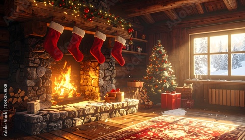 Cozy Christmas cabin with fireplace and decorated tree.
