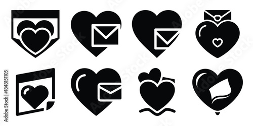 heart love note minimal flat vector icon set, black color and white background