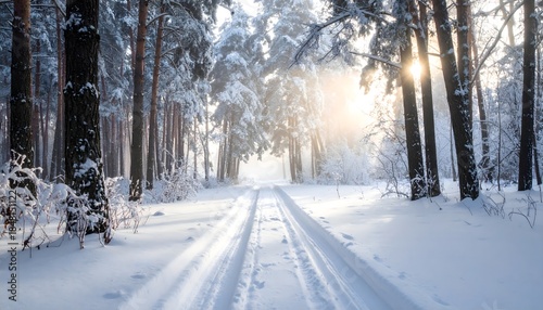 Snowy forest path winter landscape serene woodland.