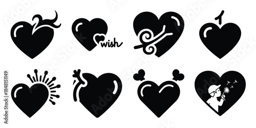 heart love wish minimal flat vector icon set, black color and white background