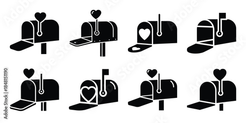 heart mailbox open minimal flat vector icon set, black color and white background