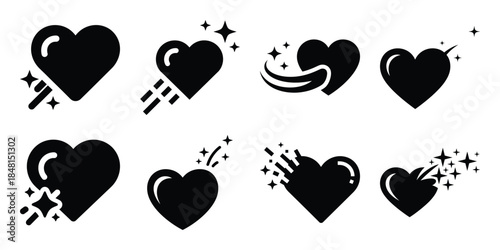 heart sparkle trail minimal flat vector icon set, black color and white background