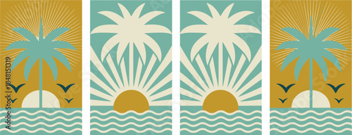 Tropical Sunset With Palm Trees Over Wavy Ocean Illustration