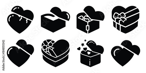 heart surprise box minimal flat vector icon set, black color and white background