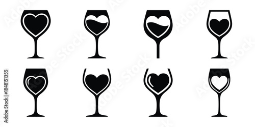 heart wine glass minimal flat vector icon set, black color and white background