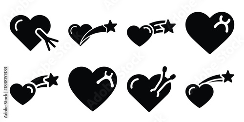 heart wish minimal flat vector icon set, black color and white background