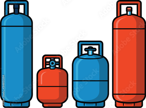 Various sizes of gas cylinders in blue and orange colors