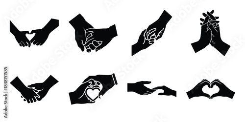 love couple hands minimal flat vector icon set, black color and white background
