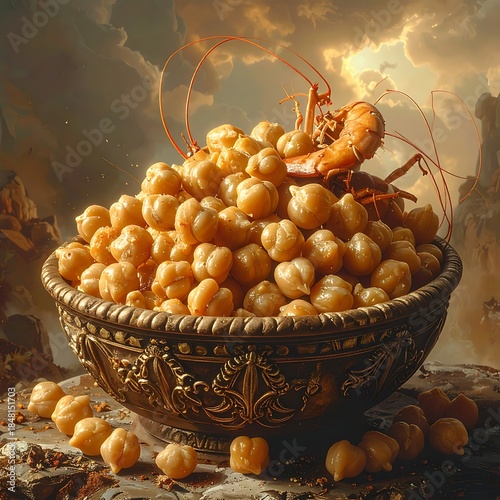 Large ornate bowl overflowing with chickpeas and shrimp against a cloudy sky backdrop