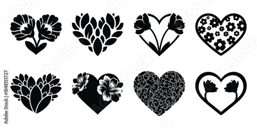 love flower heart minimal flat vector icon set, black color and white background