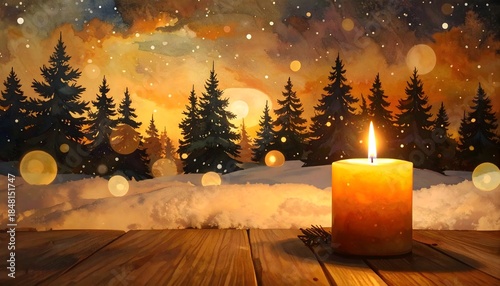 Christmas Candle in Snowy Forest at Sunset Winter Wonderland.
